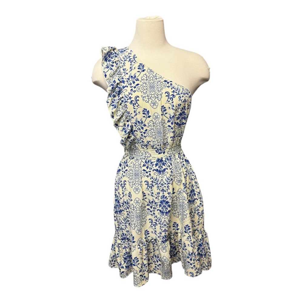 Blue and White Floral One-Shoulder Dress